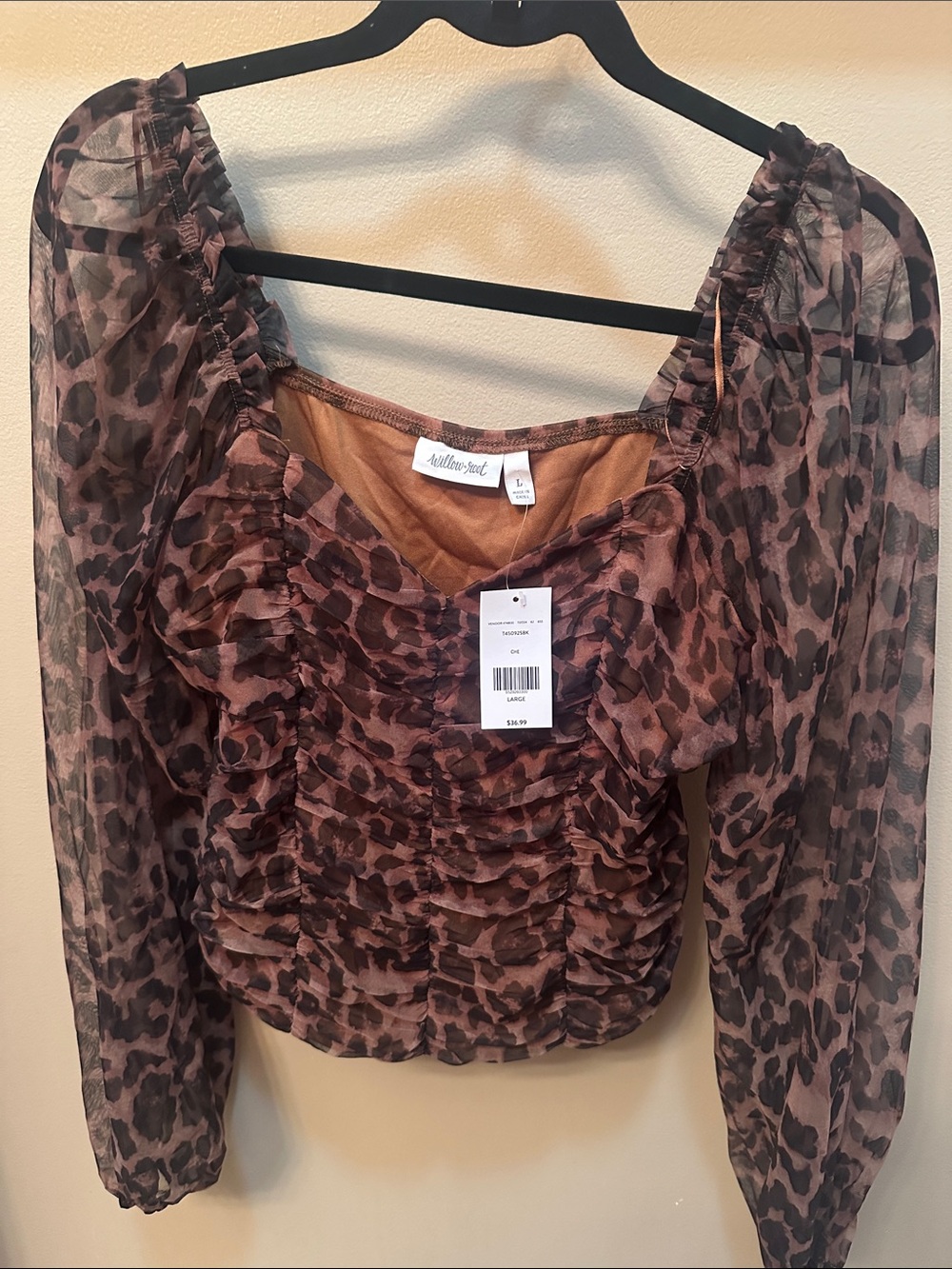 Brown Leopard Ruched Sheer Sleeve Top